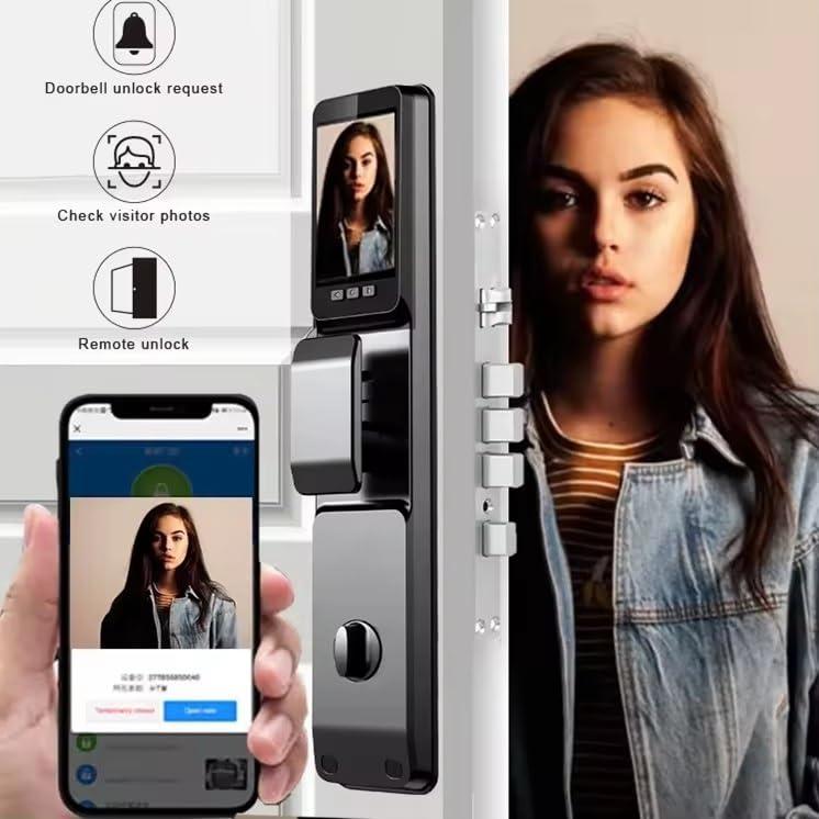 Smart Lock with Camera 3D Face Recognition Keyless Entry Door Lock Handle Aluminum Alloy Biometric Door Lock App 6 Unlocking Methods for 40-120mm Thickness Office Home Bedroom Door