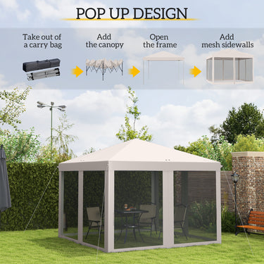 Outsunny 10' x 10' Pop Up Canopy Tent Gazebo with Removable Mesh Sidewall Netting, Carry Bag for Backyard Patio Outdoor, Beige