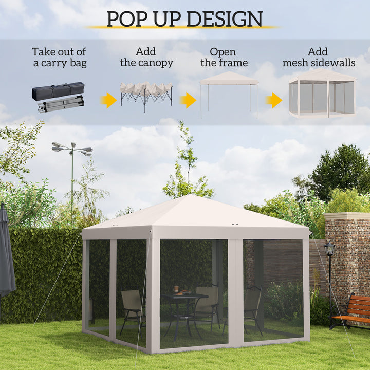 Outsunny 10' x 10' Pop Up Canopy Tent Gazebo with Removable Mesh Sidewall Netting, Carry Bag for Backyard Patio Outdoor, Beige