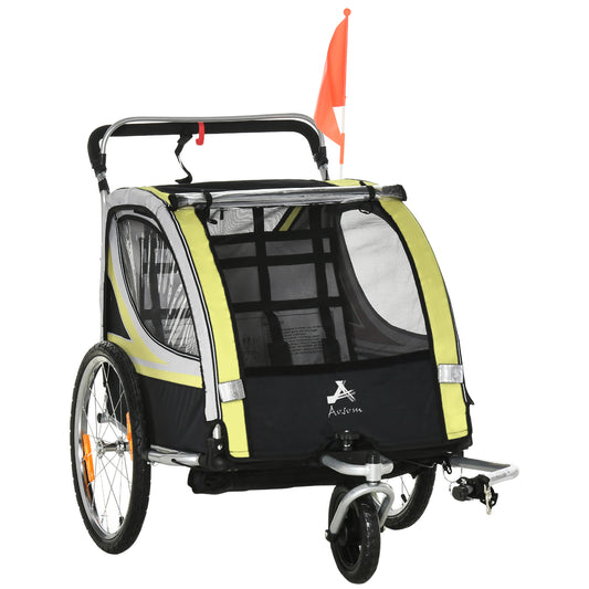 Aosom 2 Seat Bike Trailer for Kids 2-in-1 Double Baby Jogging Stroller with Handbrake, Rubber Wheels, 5 Point Harness, Waterproof Cover, Storage Bag, Reflectors, Yellow