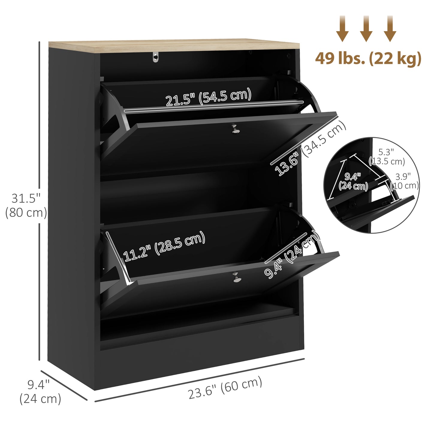 HOMCOM Slim Shoe Storage Cabinet, Modern Shoe Cabinet with 2 Flip Drawers and Adjustable Shelves for 12 Pairs, Black