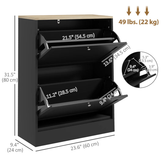 HOMCOM Slim Shoe Storage Cabinet, Modern Shoe Cabinet with 2 Flip Drawers and Adjustable Shelves for 12 Pairs, Black