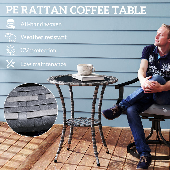 Outsunny Outdoor Rattan Dining Table, Patio Wicker Round Coffee Table with 2-Tier Storage Shelf, Brown