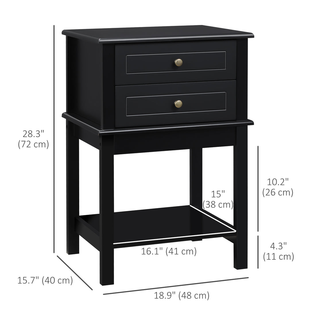 HOMCOM Modern Sofa Side Table, Accent End Table with Drawers and Storage Shelf, Nightstand for Bedroom Living Room, Black