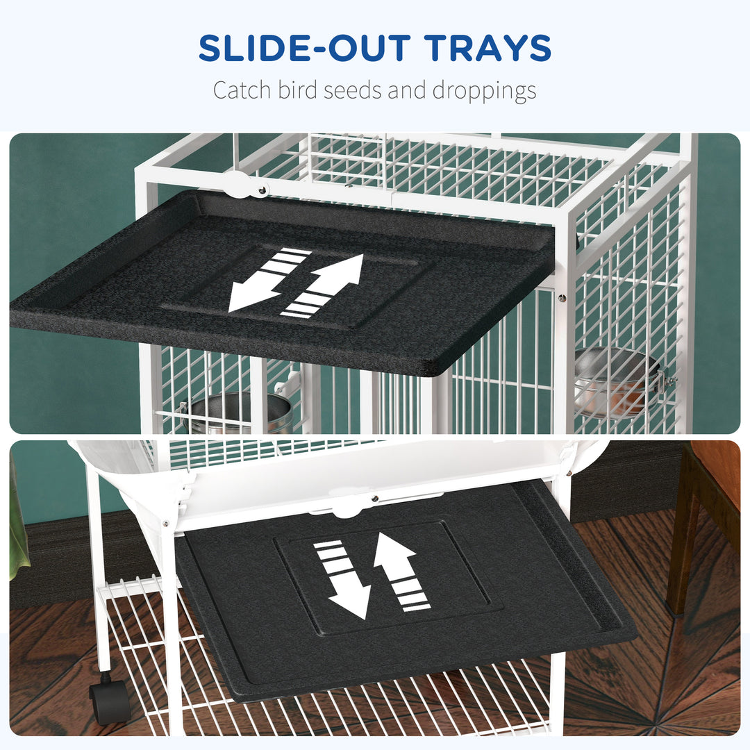 PawHut 61.5 Inch Bird Cage Parakeet House for Cockatiel with Stand, Pull Out Tray, Play Top, Storage Shelf, Wood Perch, Food Container