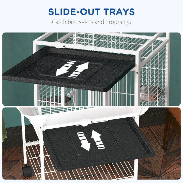 PawHut 61.5 Inch Bird Cage Parakeet House for Cockatiel with Stand, Pull Out Tray, Play Top, Storage Shelf, Wood Perch, Food Container