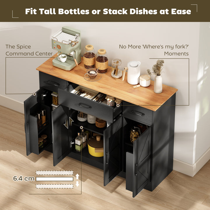 HOMCOM 47" Buffet Cabinet with Soft-Close Hinges, Farmhouse Sideboard with 3 Drawers, Adjustable Shelves and Spice Racks, White