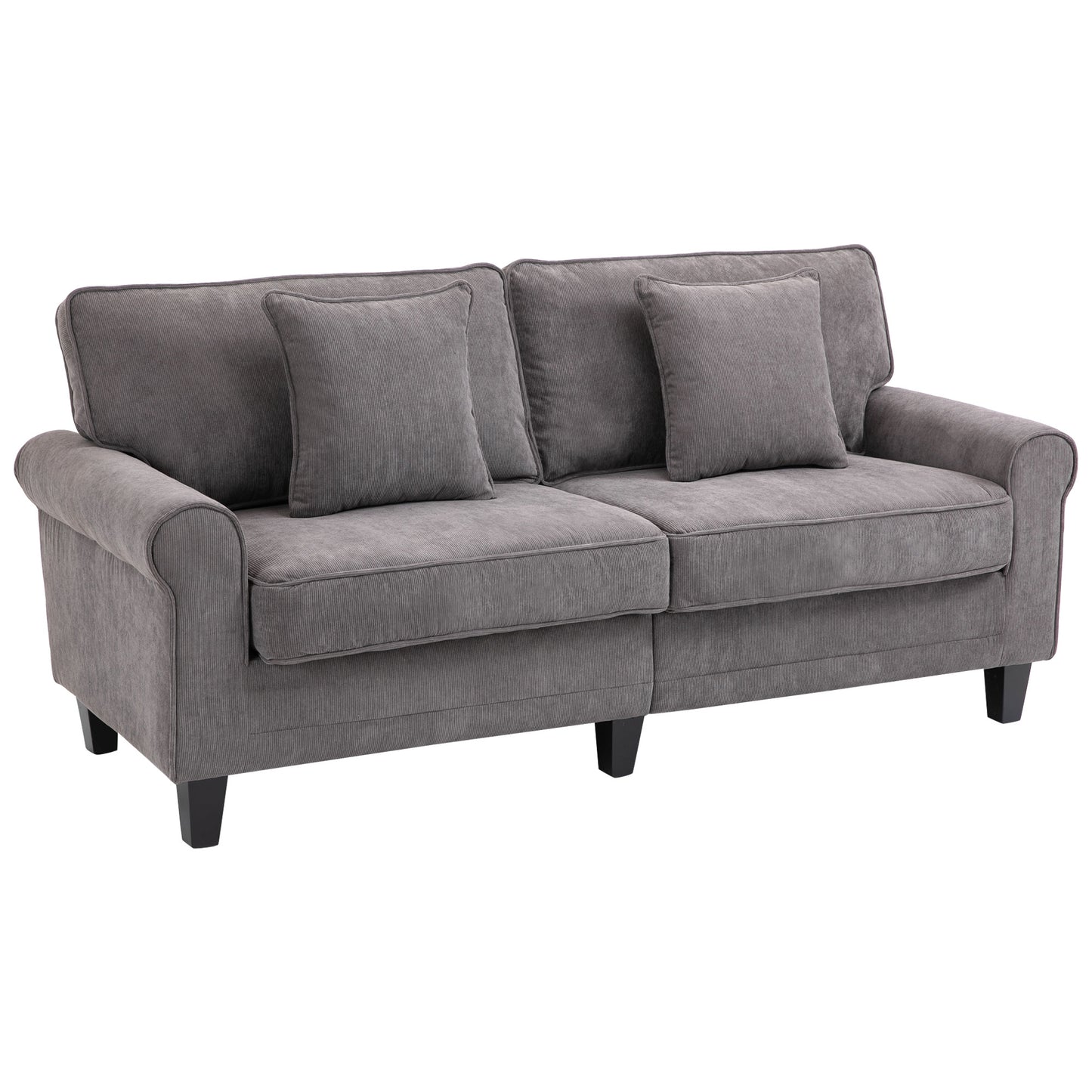 HOMCOM Modern 3 Seater Sofa, Corduroy Fabric 3 Seater Couch with Pine Wood Legs and Rolled Armrests for Living Room, Light Grey
