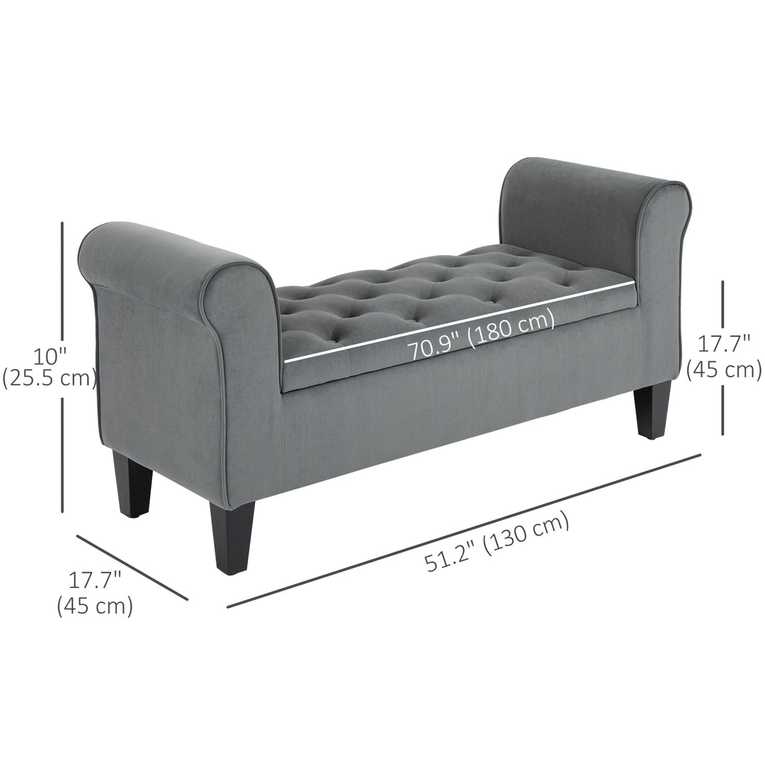 HOMCOM Button Tufted Storage Ottoman Bench, End of Bed Bench with Rolled Arms, Storage Chest, for Living Room, Entryway, Grey
