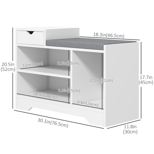 HOMCOM Upholstered Shoe Storage Bench, Hallway Shoe Storage with Seat, Drawer, 3 Open Shelves for Entryway, White