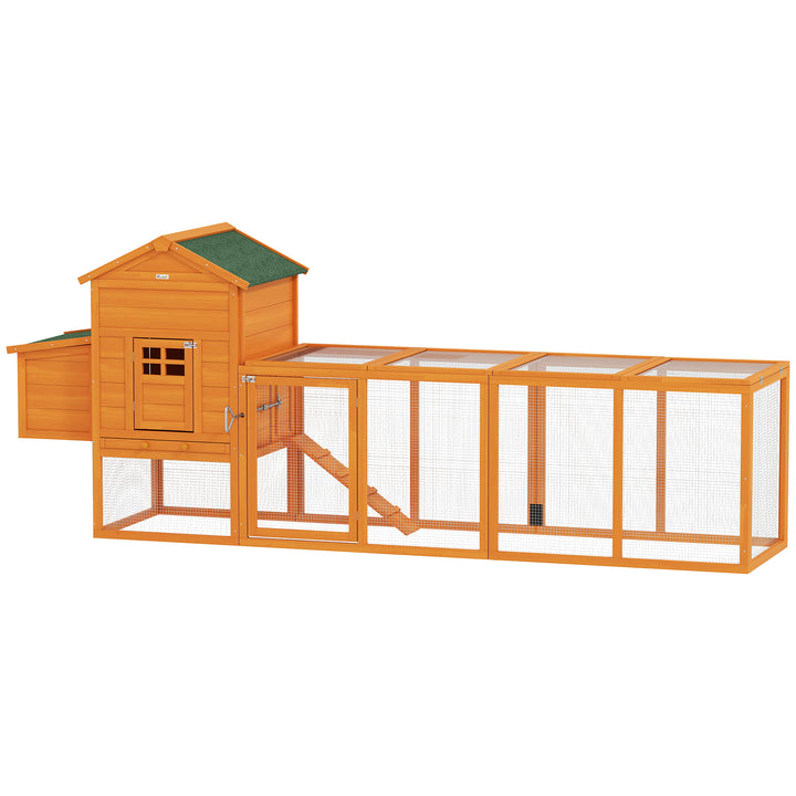 PawHut 117" Extra Large Chicken Coop with Asphalt Roof, Wooden Hen House with Slide-out Tray, Quail Hutch with Nesting Box, Orange