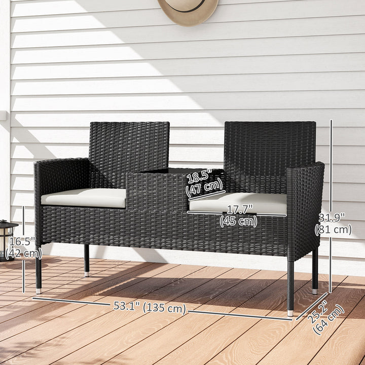 Outsunny Patio Furniture w/ Mid-Table PE Rattan Loveseat w/ Cushion, Cream White