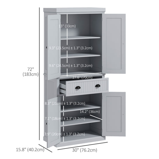 HOMCOM 72" Kitchen Pantry, Freestanding Storage Cabinet with Drawer, Doors, Grey