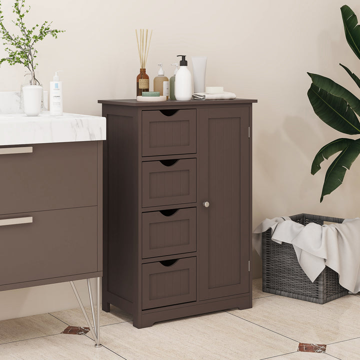 kleankin Bathroom Storage Cabinet, Floor Cabinet with Adjustable Shelf and 4 Drawers, Side Cabinet for Washroom, White