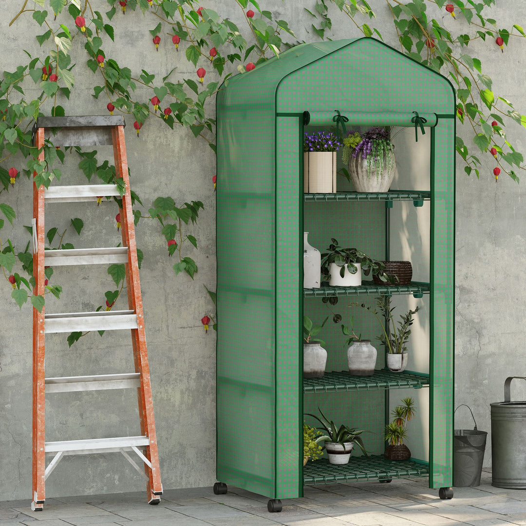 Outsunny Portable Greenhouse, Outdoor Hot House Plant Flower Greenhouse with 4 Tier Shelves, Steel Frame, PE Cover, Dark Green