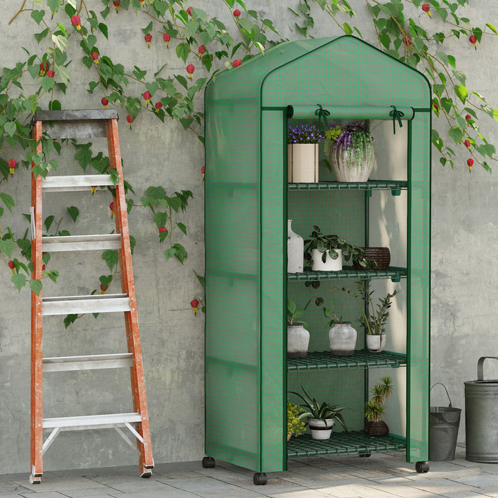 Outsunny Portable Greenhouse, Outdoor Hot House Plant Flower Greenhouse with 4 Tier Shelves, Steel Frame, PE Cover, Dark Green