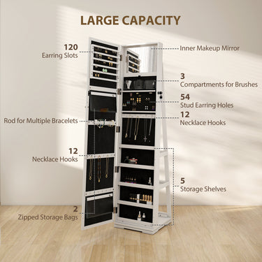 HOMCOM 360° Swivel Jewelry Armoire, Lockable Mirror Jewelry Cabinet with Built-In Small Mirror, White