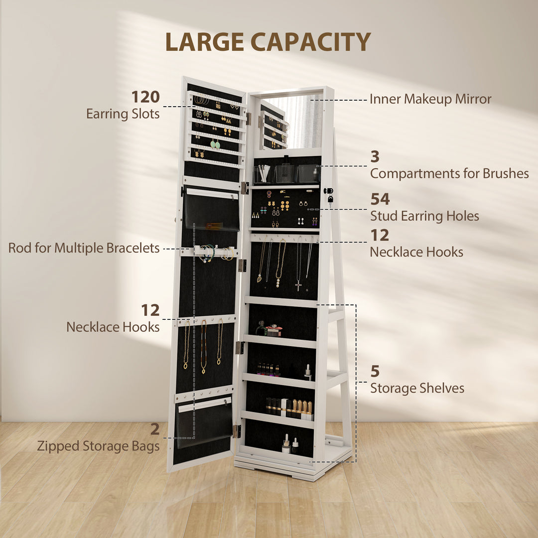 HOMCOM 360° Swivel Jewelry Armoire, Lockable Mirror Jewelry Cabinet with Built-In Small Mirror, White