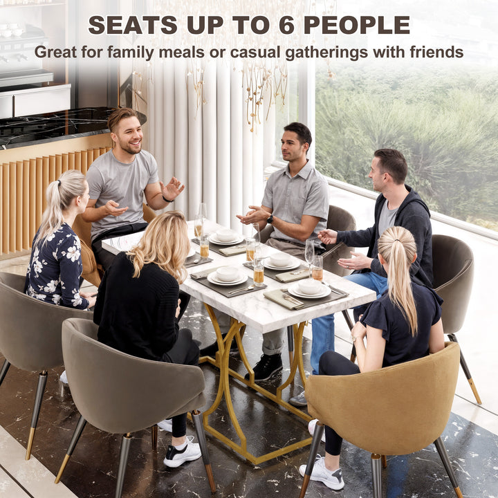 HOMCOM 59-Inch Dining Table for 6, Modern Marble-Pattern Kitchen Dinner Table with Metal Pedestal for Home, Dining Room, White