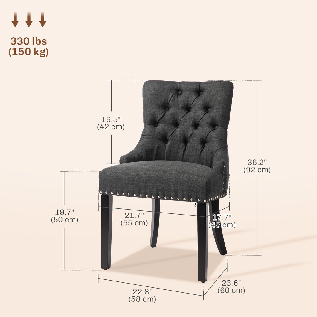 HOMCOM Swoop Air Linen Fabric Dining Chair Set of 2 with Nailhead Trim and Wood Legs, Dark Grey