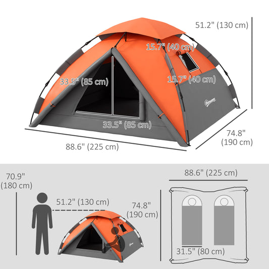 Outsunny Pop up Camping Tent, 3-4 Man Family Tent, 3000mm Waterproof, with Carry Bag and Top Hook, Grey and Orange