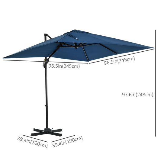 Outsunny 8' x 8' Square Patio Hanging Offset Umbrella with 360Â° Rotation, Aluminum Outdoor Cantilever Parasol with Crank & Tilt, Sun Canopy Shelter with Cross Base, Dark Blue