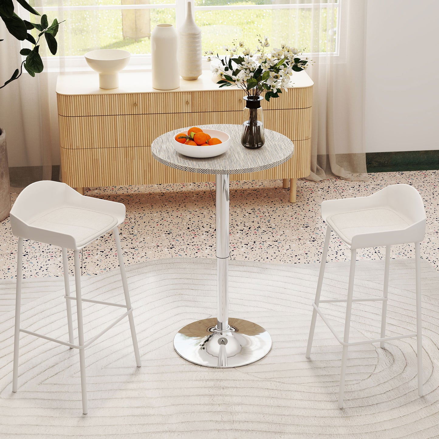 HOMCOM Adjustable Bar Table for 2, Round Pub Table with PE Rattan Top and Steel Base for Home Bar, Small Dining Room, Grey