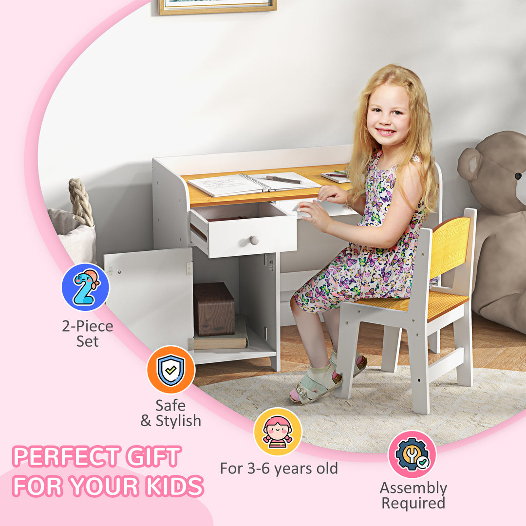 Qaba Kids Desk and Chair Set for 3-6 Year Old with Storage Drawer, Study Table and Chair for Children, White