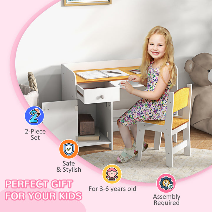 Qaba Kids Desk and Chair Set for 3-6 Year Old with Storage Drawer, Study Table and Chair for Children, White