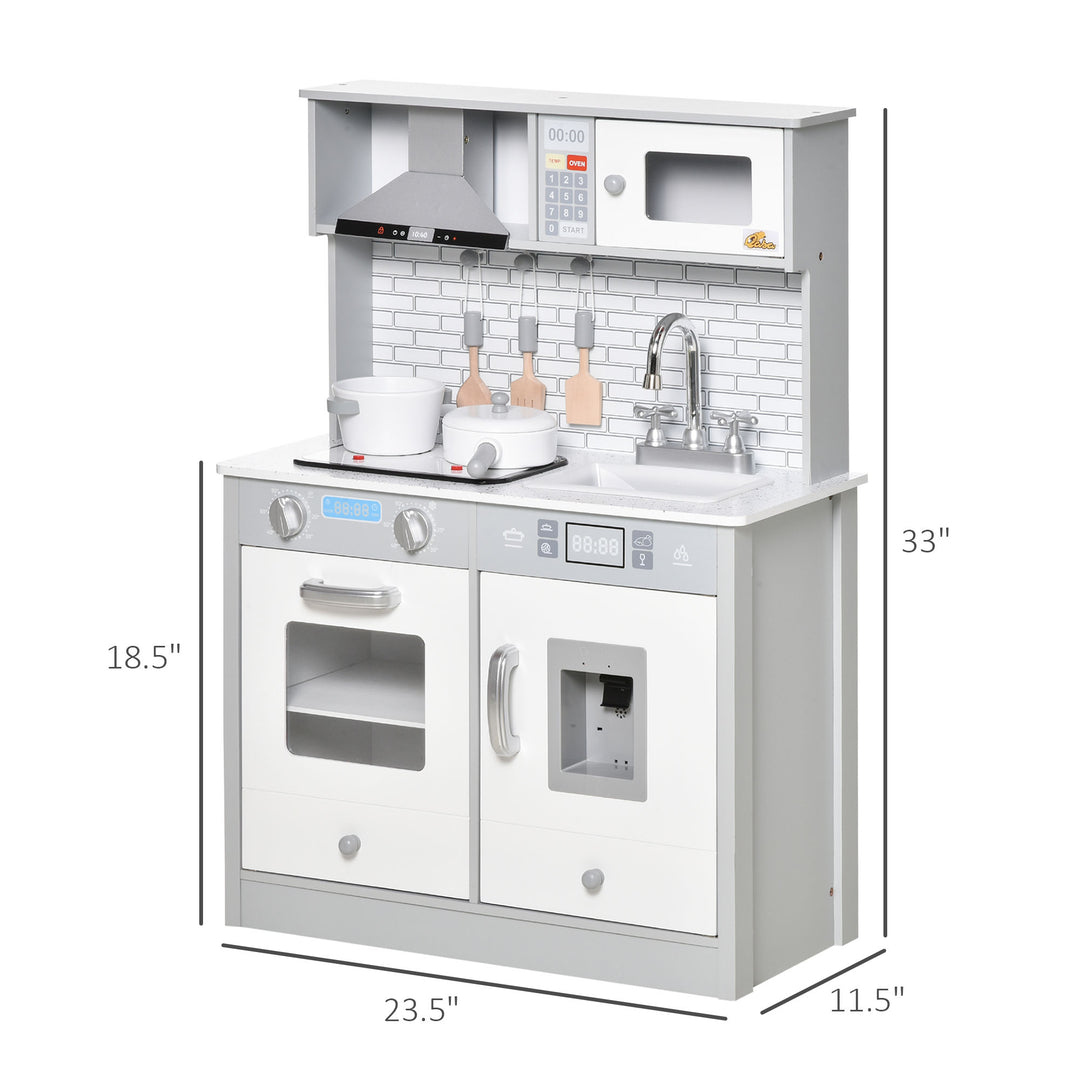 Qaba Kids Kitchen Play Cooking Toy Set, Educational Pretend Role Playset Game with Sound & Light Effect, Battery Operated Cooktop, Ice Machine, Dot Pattern Countertop, for 3-6 Years Old