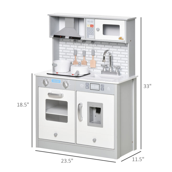 Qaba Kids Kitchen Play Cooking Toy Set, Educational Pretend Role Playset Game with Sound & Light Effect, Battery Operated Cooktop, Ice Machine, Dot Pattern Countertop, for 3-6 Years Old