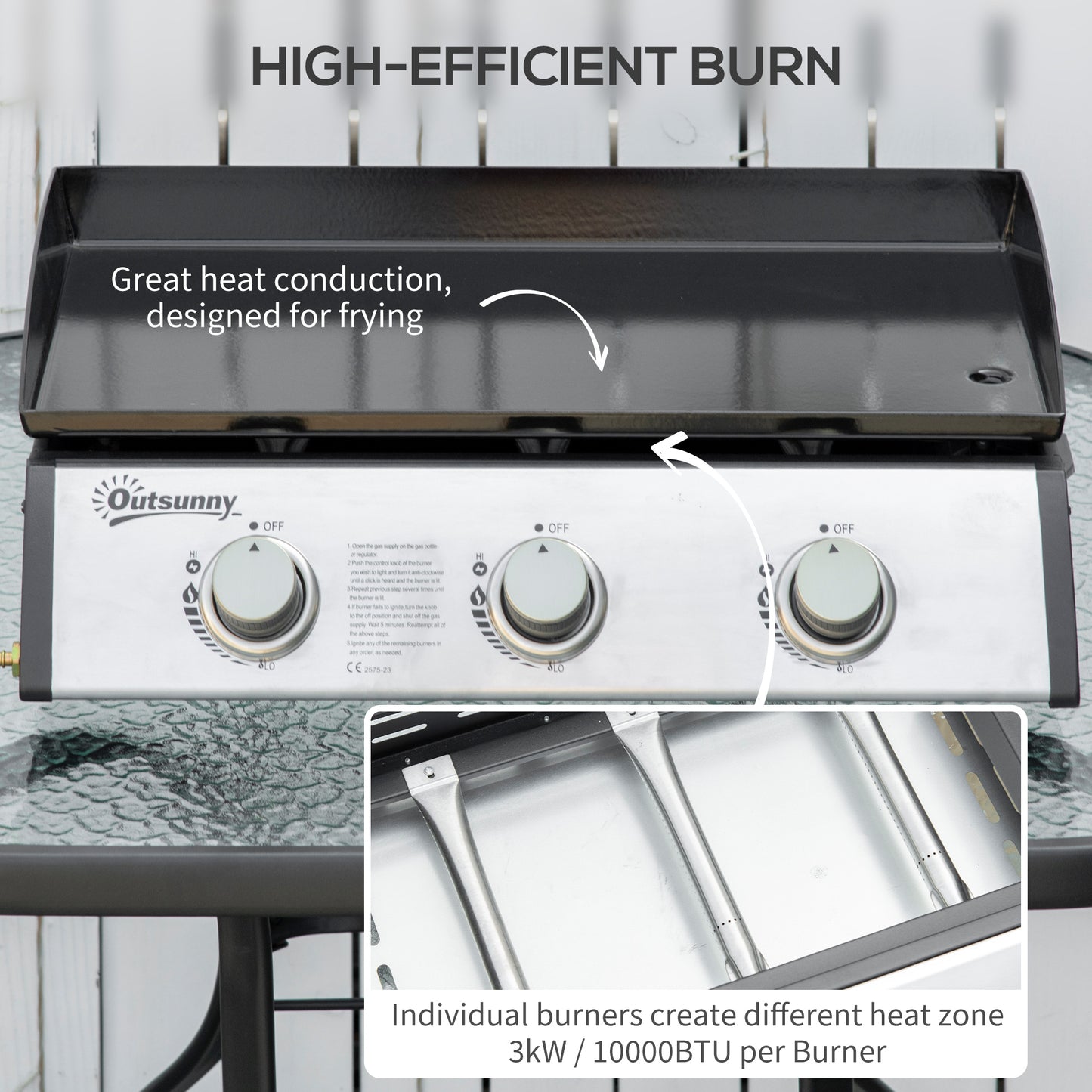 Outsunny 3 Burner Liquefied Gas Grill, Portable Tabletop BBQ Grill, for Camping, Picnic, Silver