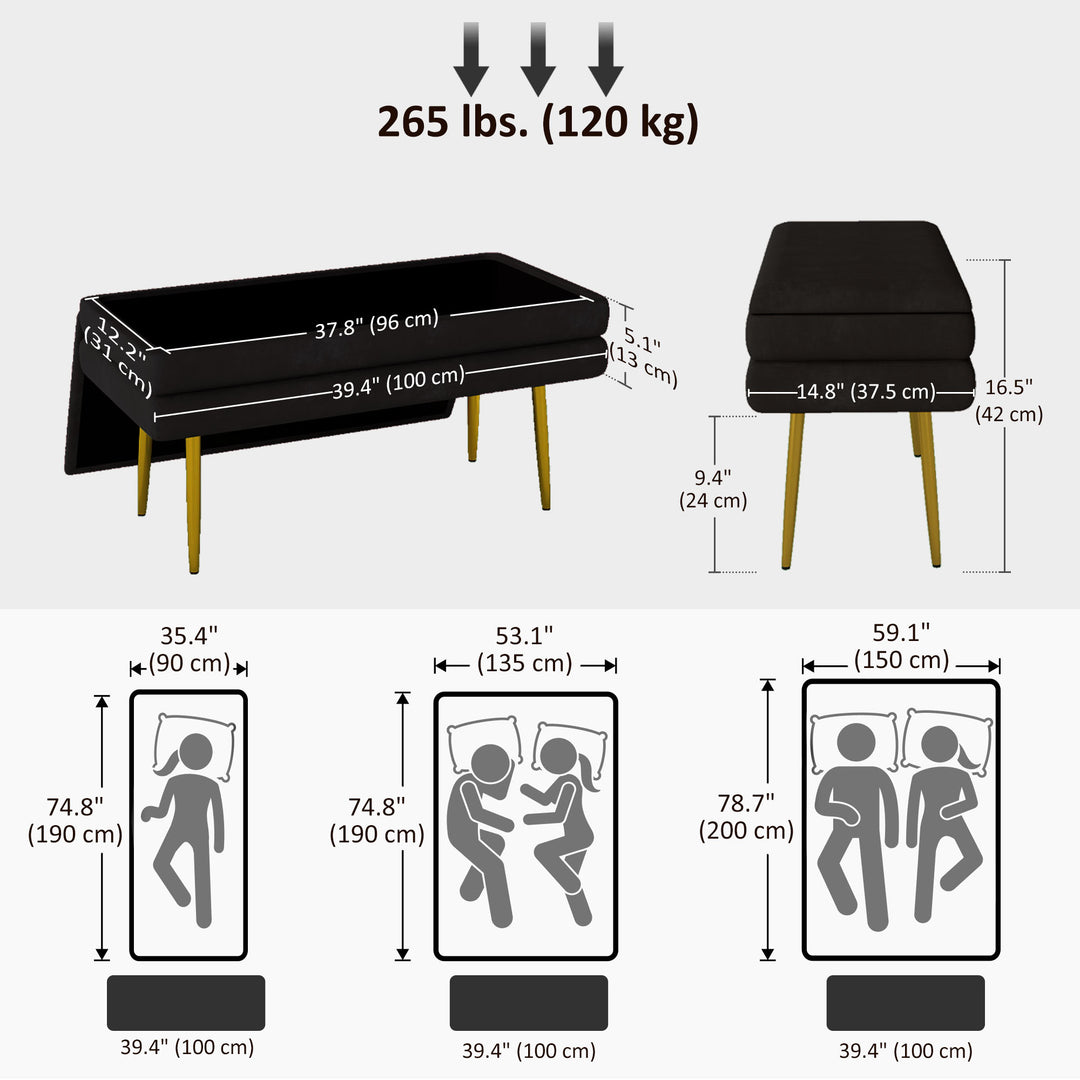 HOMCOM 39" Storage Ottoman, Velvet End of Bed Bench with Steel Legs, Foot Stool with Storage for Bedroom, Living Room, Pink