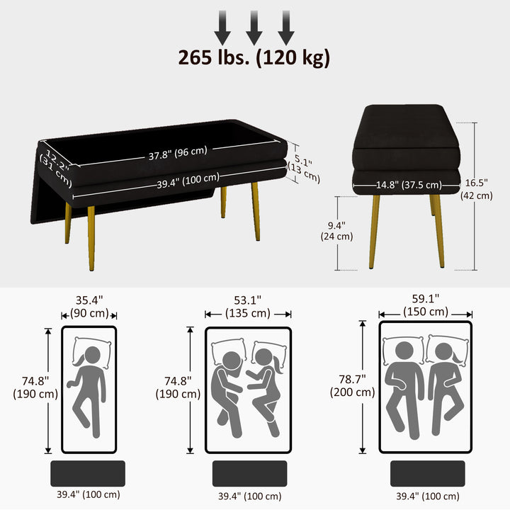 HOMCOM 39" Storage Ottoman, Velvet End of Bed Bench with Steel Legs, Foot Stool with Storage for Bedroom, Living Room, Pink