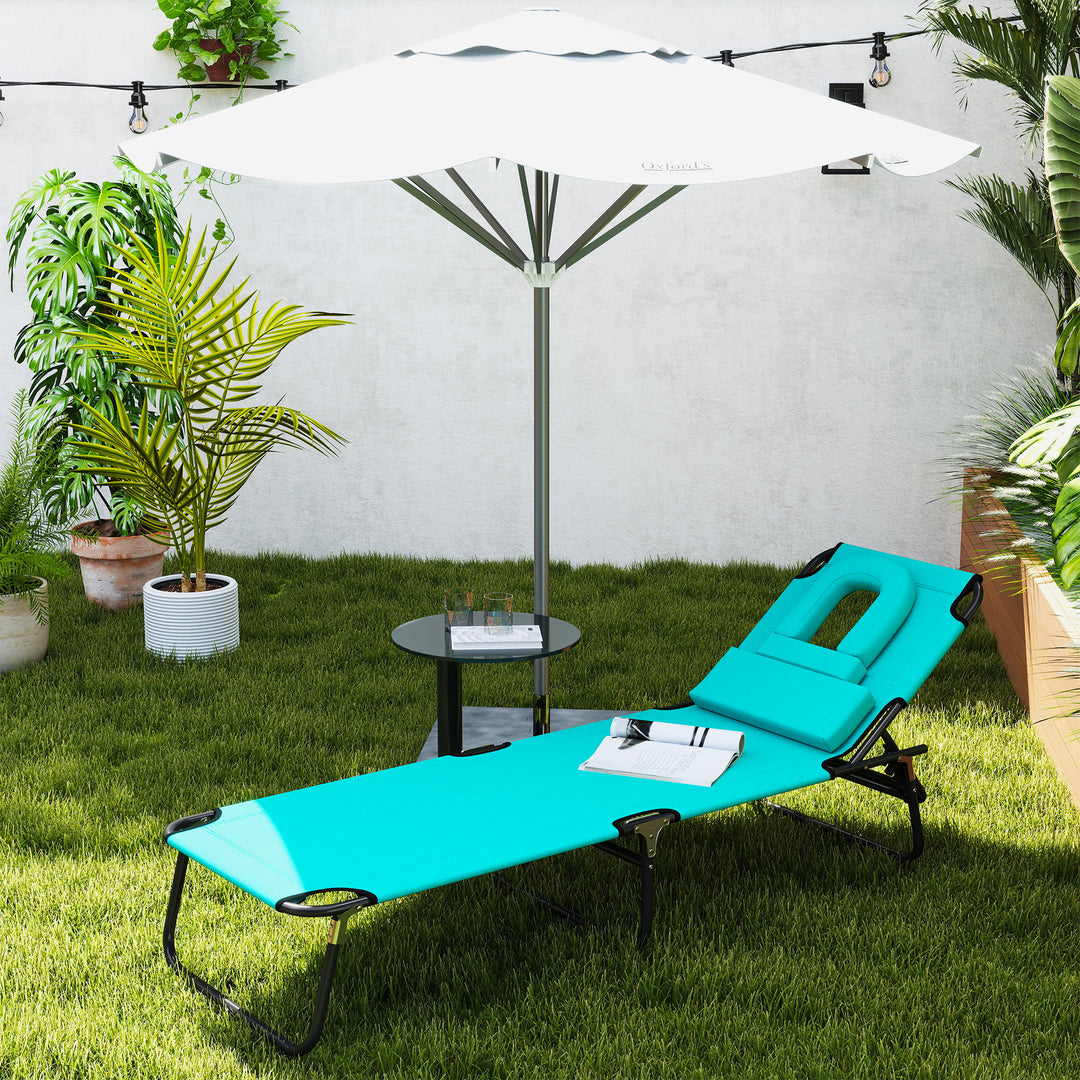 Outsunny Folding Outdoor Lounge Chair, Portable Reclining Beach Lounger with Face Hole, Detachable Pillow, 3-Position Adjustable Backrest, For Patio, Garden, Poolside, Green
