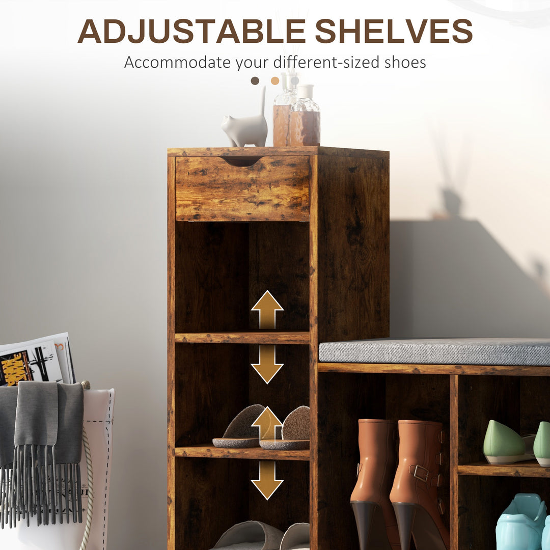 HOMCOM Upholstered Shoe Storage Bench w/ Seat, Entrance Bench w/ Drawer and 6 Open Shelves for Hallway, White