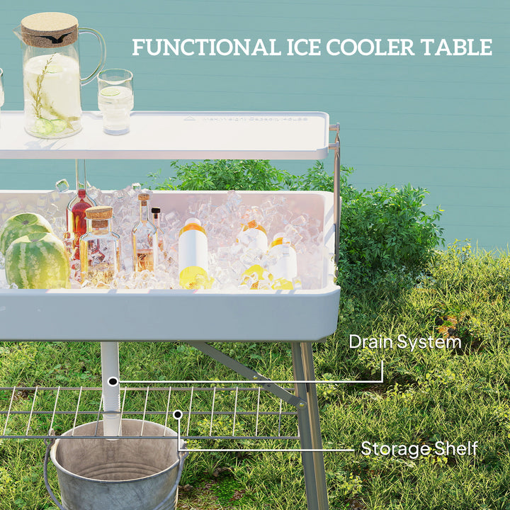 Outsunny 3.5ft Folding Ice Cooler Table with Drain, 2-Tier Outdoor Patio Party Cooler, Fishing Cleaning Table with Storage Shelf for Picnic BBQ Camping Wedding, White