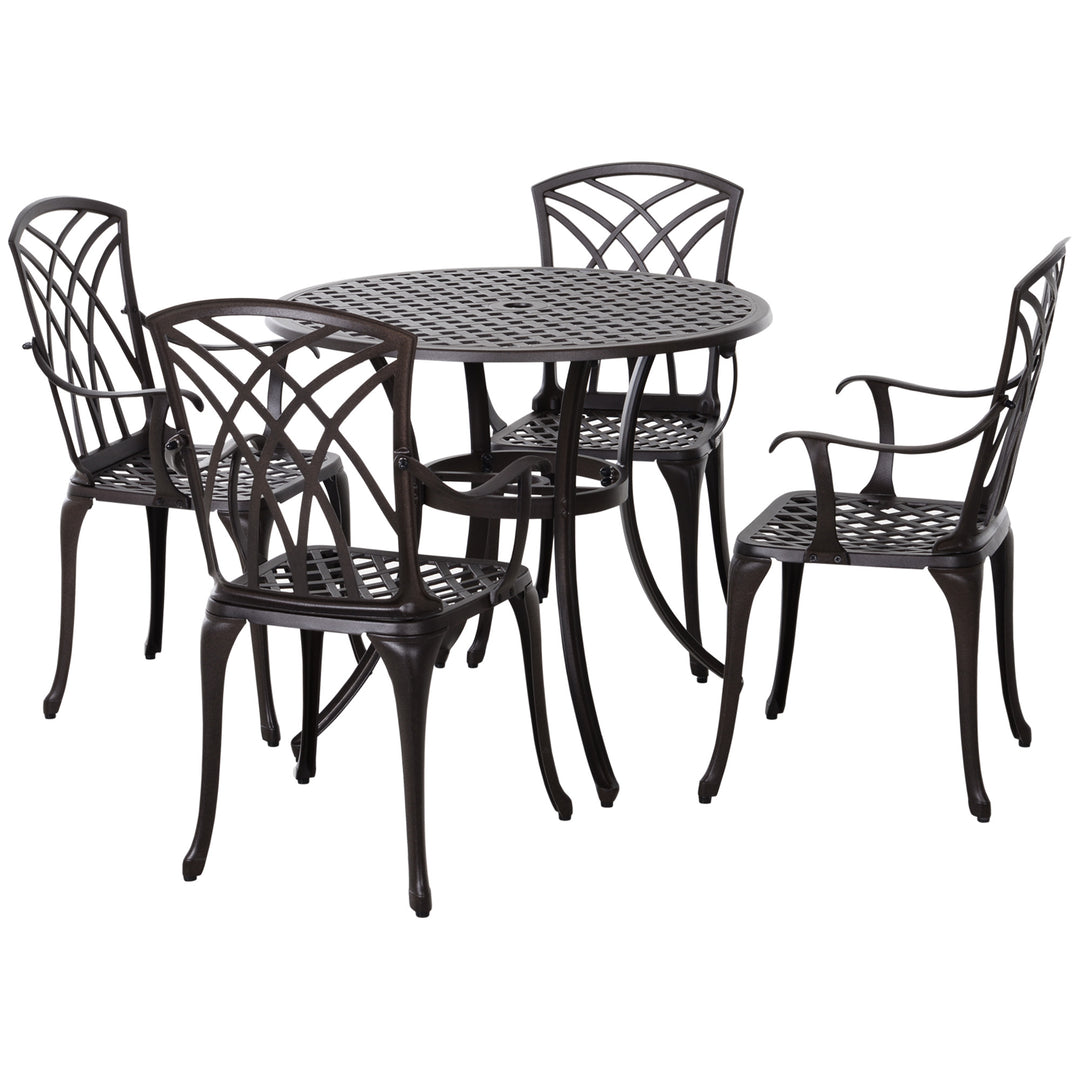 Outsunny 5 Pieces Outdoor Dining Set, Cast Aluminium Patio Table and Chairs with Parasol Hole, Patio Dining Set for 4, Brown