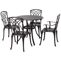Outsunny 5 Pieces Outdoor Dining Set, Cast Aluminium Patio Table and Chairs with Parasol Hole, Patio Dining Set for 4, Brown
