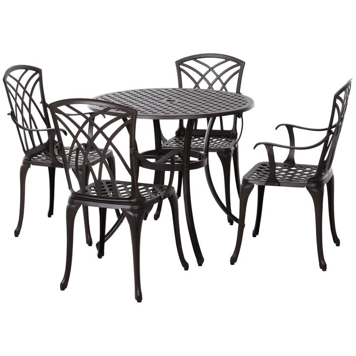 Outsunny 5 Pieces Outdoor Dining Set, Cast Aluminium Patio Table and Chairs with Parasol Hole, Patio Dining Set for 4, Brown