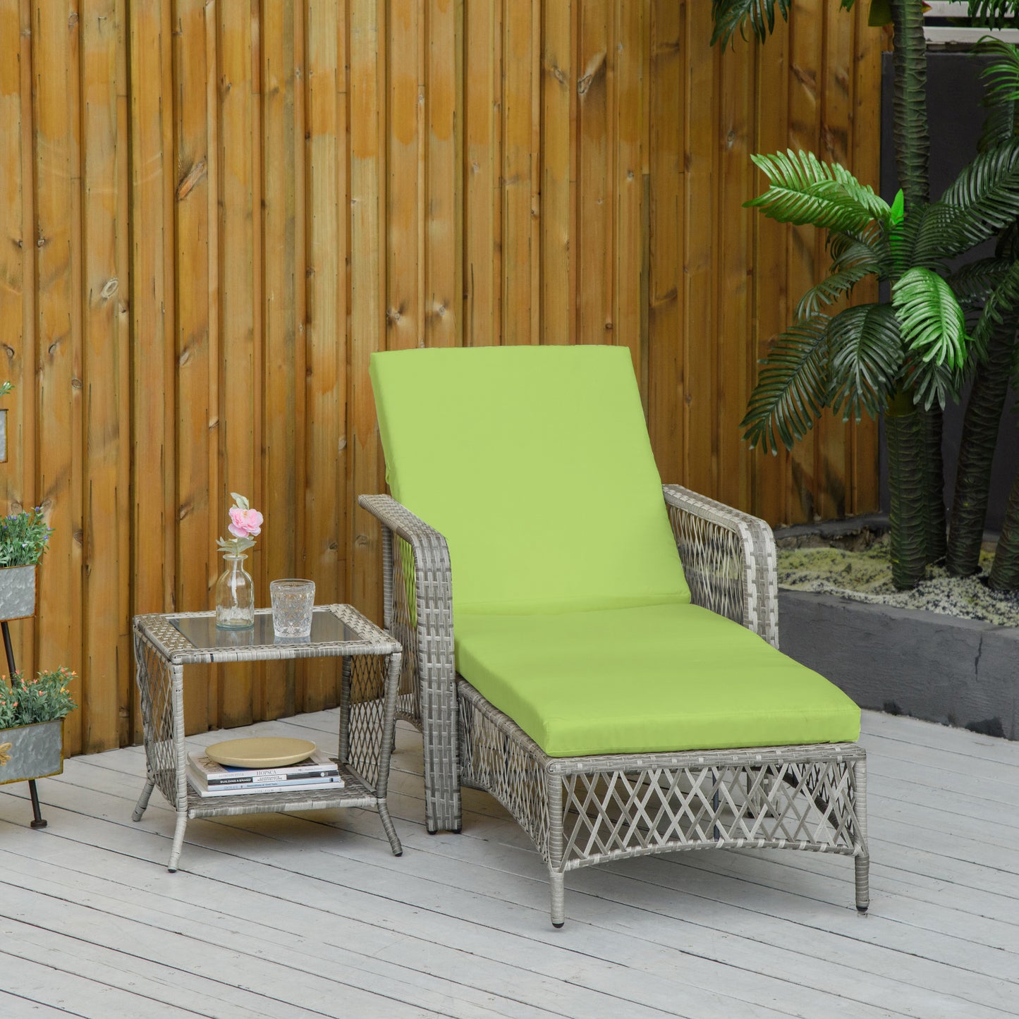 Outsunny 2 Pieces Wicker Patio Lounge Set w/ Cushions, Outdoor PE Rattan Sun Lounger Sets w/ 5-Level Reclining Chaise Chair & Two-tier Glass Top Coffee Table, Cream White