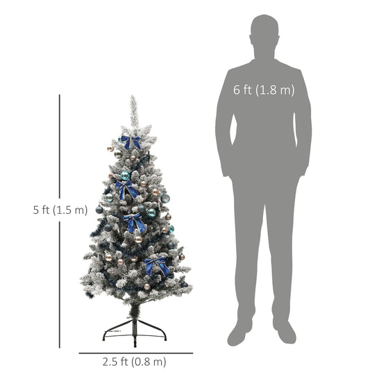 HOMCOM 5ft Prelit Artificial Christmas Tree with Blue Ornaments, Flocked Christmas Tree with LED Lights for Holiday