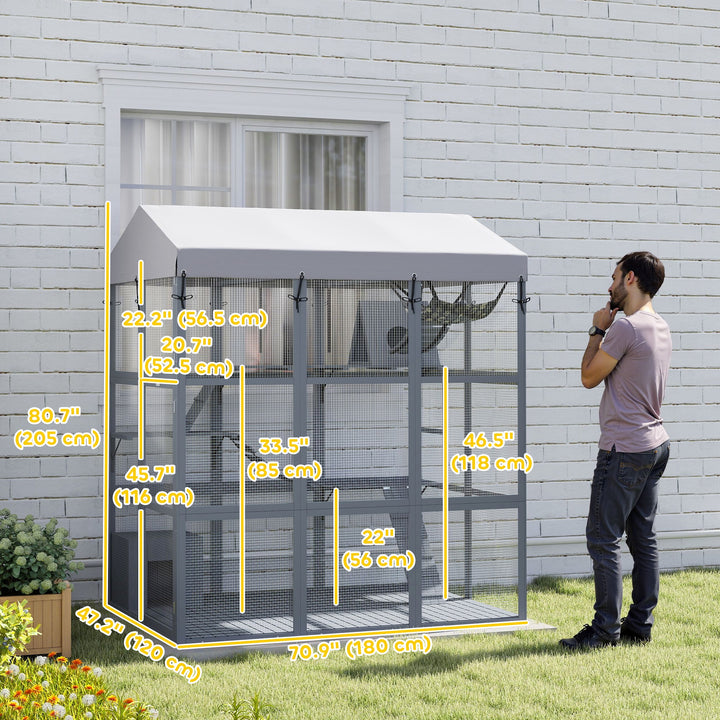 PawHut 81"H Catio Outdoor with Floor to Prevent Escaping & Easy Cleaning, for 2-4 Cats Kittens, Grey