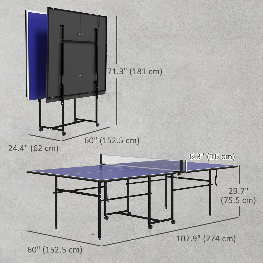 Soozier Full Size Table Tennis Table, Folding Ping Pong Table with Net, Paddles, Balls and Wheels, Blue