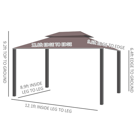 Outsunny 10 x 13ft Aluminum Frame Gazebo Canopy Double Tier Garden Shelter with Netting and Curtains, Coffee
