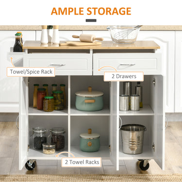 HOMCOM Kitchen Cart with Storage, Rolling Kitchen Island on Wheels with Bamboo Countertop, Drawers, Cabinets, 3 Doors, White