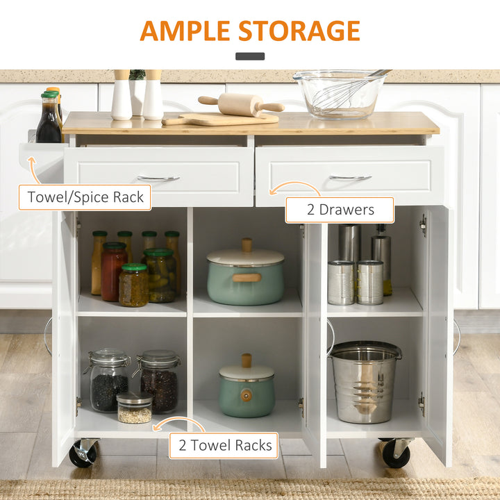 HOMCOM Kitchen Cart with Storage, Rolling Kitchen Island on Wheels with Bamboo Countertop, Drawers, Cabinets, 3 Doors, White