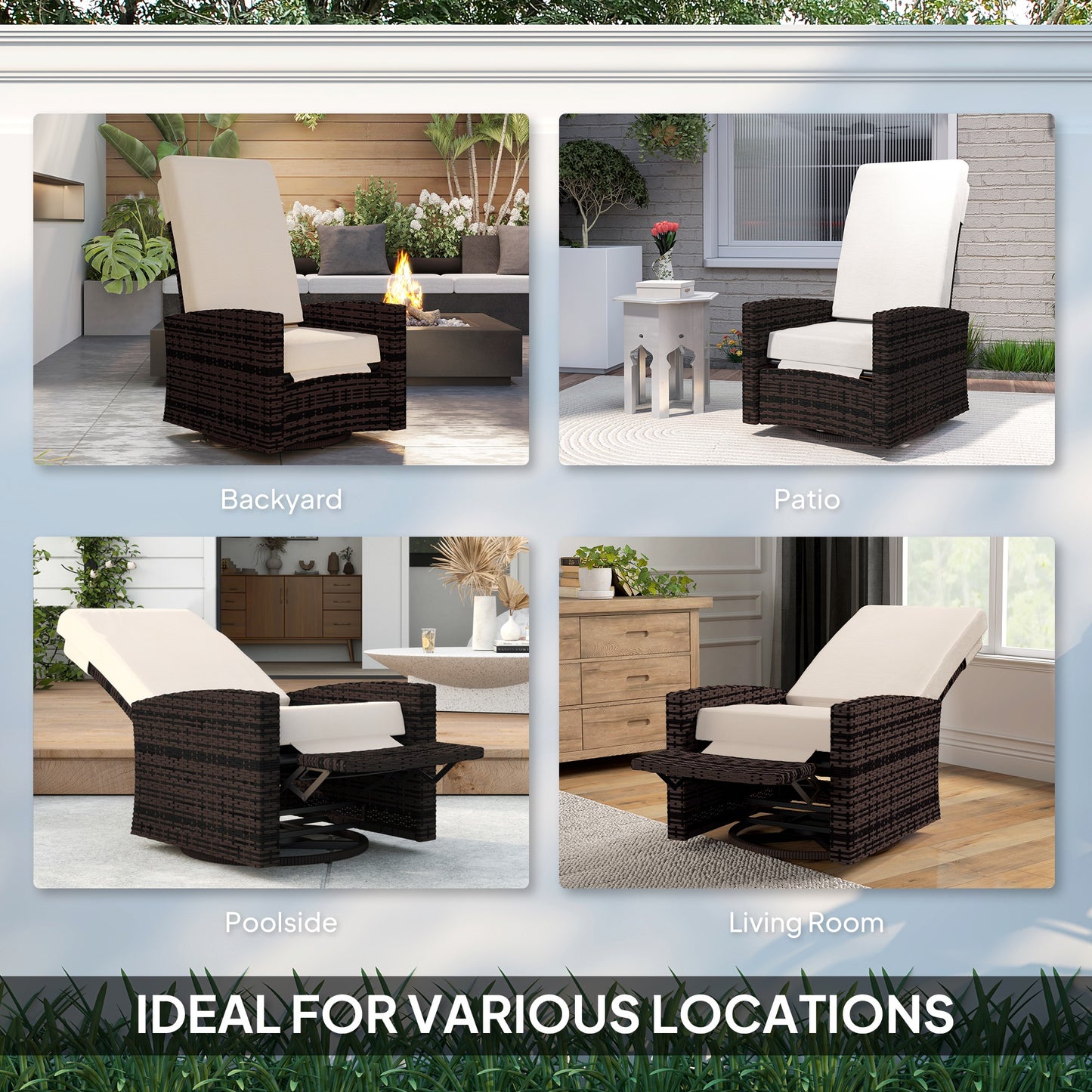 Outsunny Outdoor Rattan Wicker Lounge Chair with Footrest & Soft Cushion for Patio, Garden, Backyard, Sky Blue