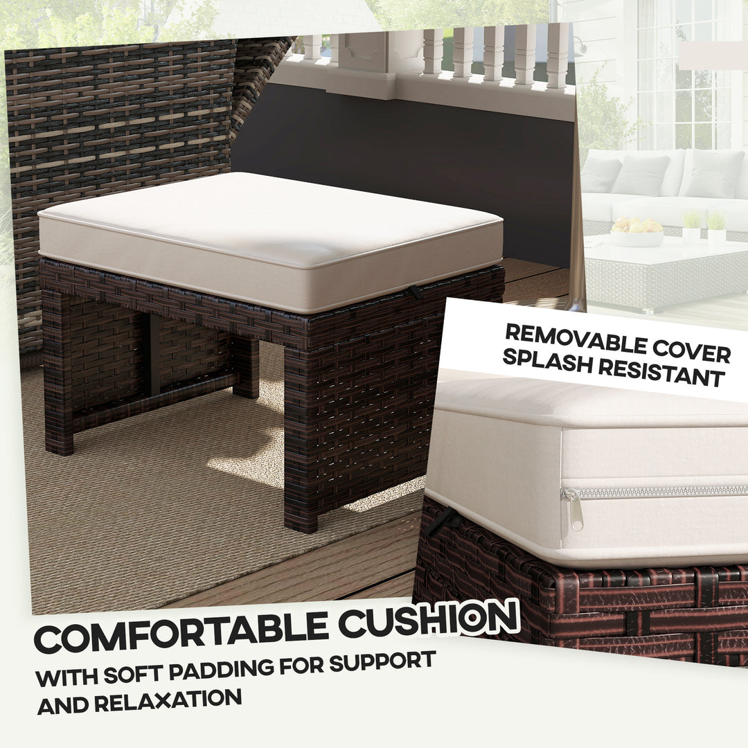 Outsunny 2 Pieces Wicker Outdoor Ottomans with Removable Cushions, Rattan Outdoor Seating, Footrest and Side Table, Khaki