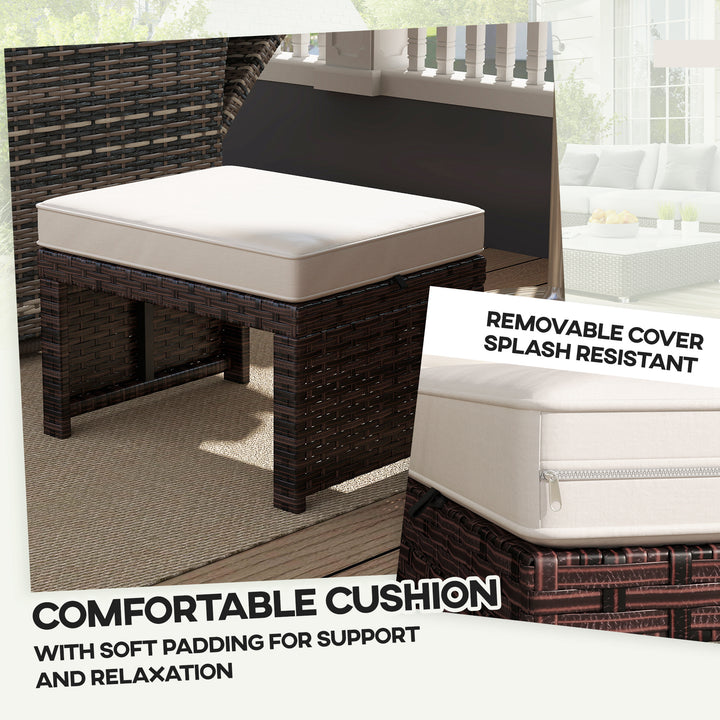 Outsunny 2 Pieces Wicker Outdoor Ottomans with Removable Cushions, Rattan Outdoor Seating, Footrest and Side Table, Khaki